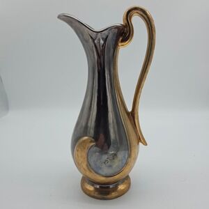 Vintage MCM Savoy Weeping Gold Decorative Ceramic Pitcher Vase Art Deco‎